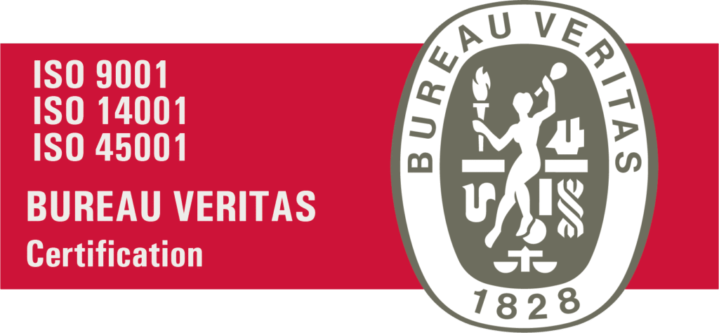 Bureau Veritas logo ja ISO 9001, ISO 14001 ning ISO 45001 sertifikaatide tähised.
