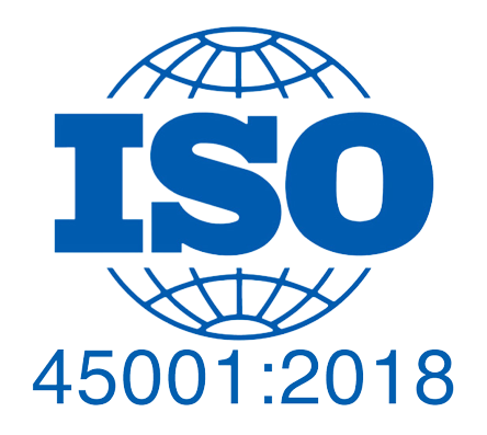 ISO 45001:2018 logo sinise kirjaga ja gloobuse kujutisega.