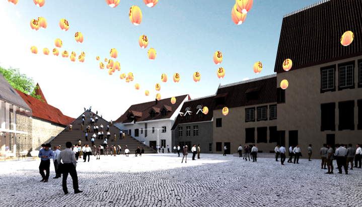 Golden Gate büroohoone arhitektuuriline visualiseering, kus väljakul liiguvad inimesed ja õhus on dekoratiivsed laternad.