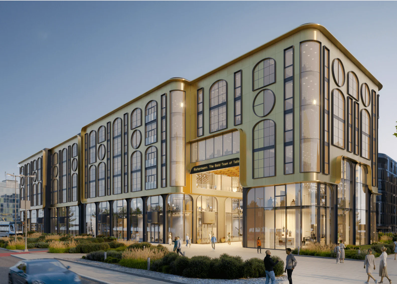 Moodsa disainiga Golden Gate büroohoone visualiseering, kus domineerivad klaaspinnad ja pehme valgus.