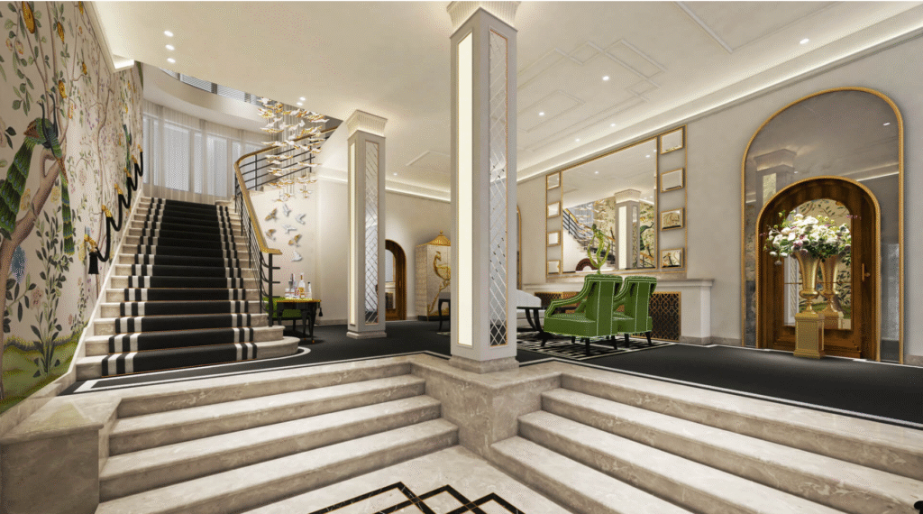 Luksusliku disainiga Rataskaevu 7 hotelli fuajee, kus on lai marmortrepp, kunstilised seinad ja detaile rõhutav valgus.